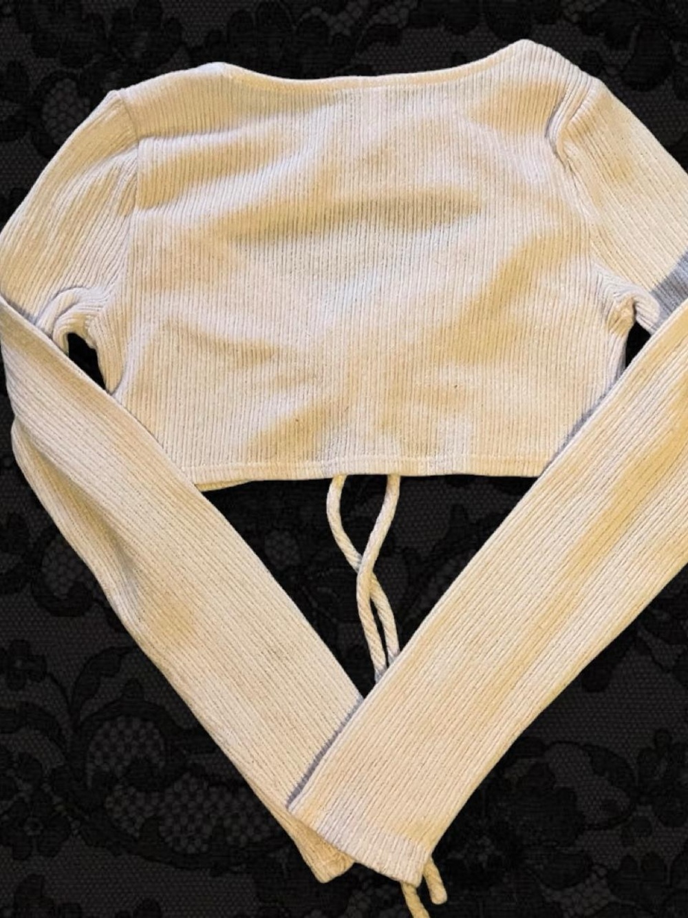 Cream Ribbed Drawstring Long Sleeve Crop Top - Picture 2 of 3